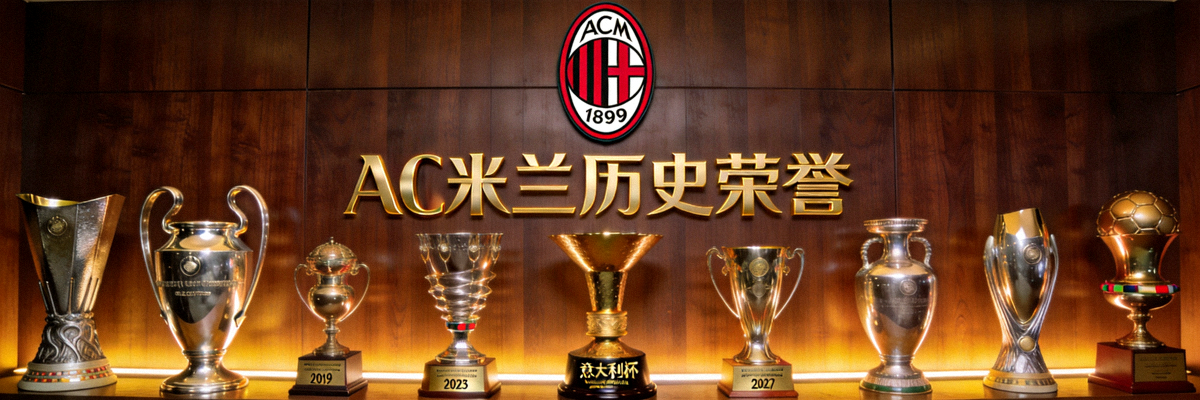 AC米兰俱乐部历史荣誉墙上陈列的众多冠军奖杯